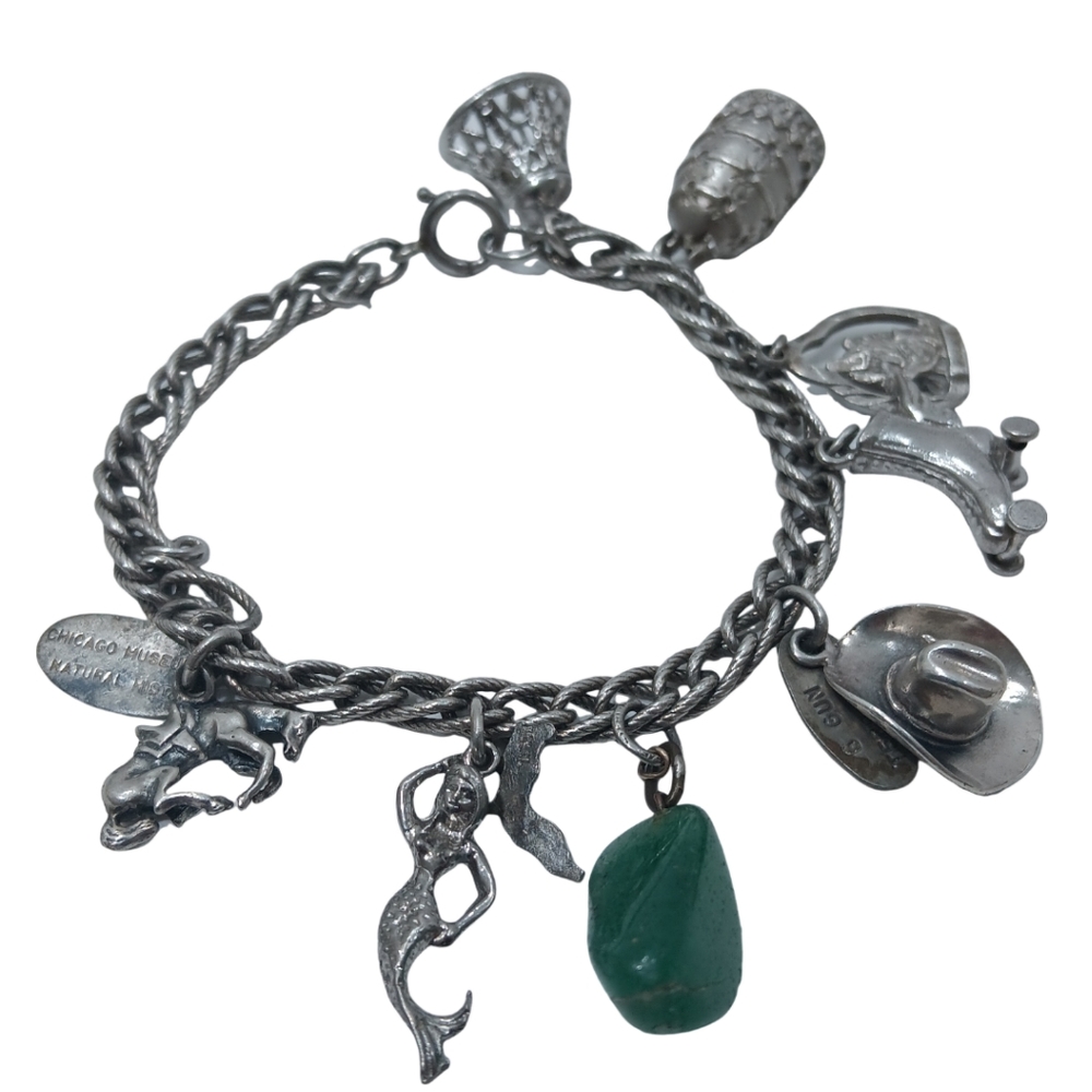 Vintage Signed Sterling Silver Charm Travelers Bracelet 7" With 8 Rare Charms
